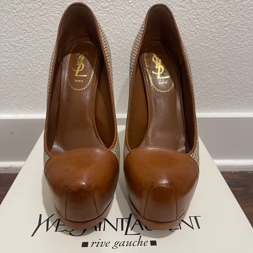 Yves Saint Laurent Tan and Cream Heels